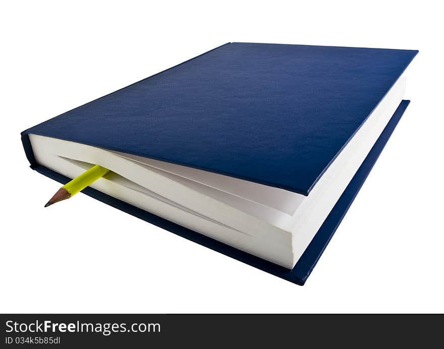 Dark blue book with a book-mark pencil