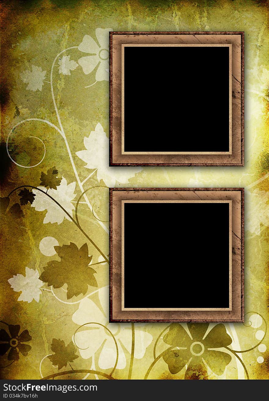 Two empty vintage photo frames on floral background. Two empty vintage photo frames on floral background