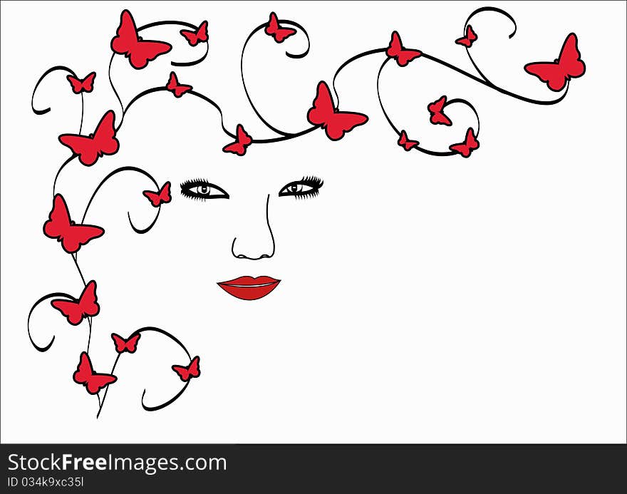 Woman's face with red butterflies. Woman's face with red butterflies