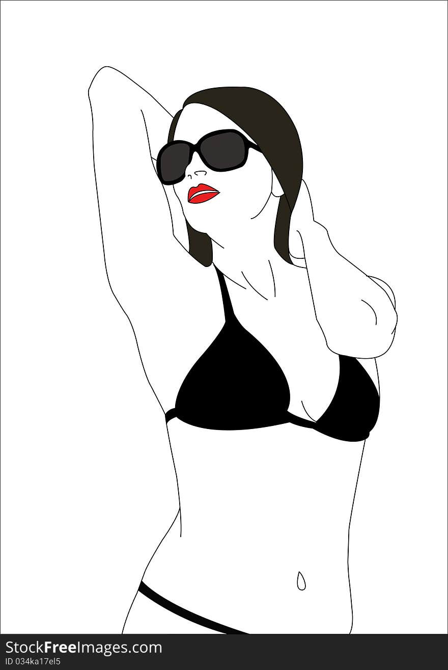 Beautiful woman with red lips wearing glasses and a swimsuit. Beautiful woman with red lips wearing glasses and a swimsuit