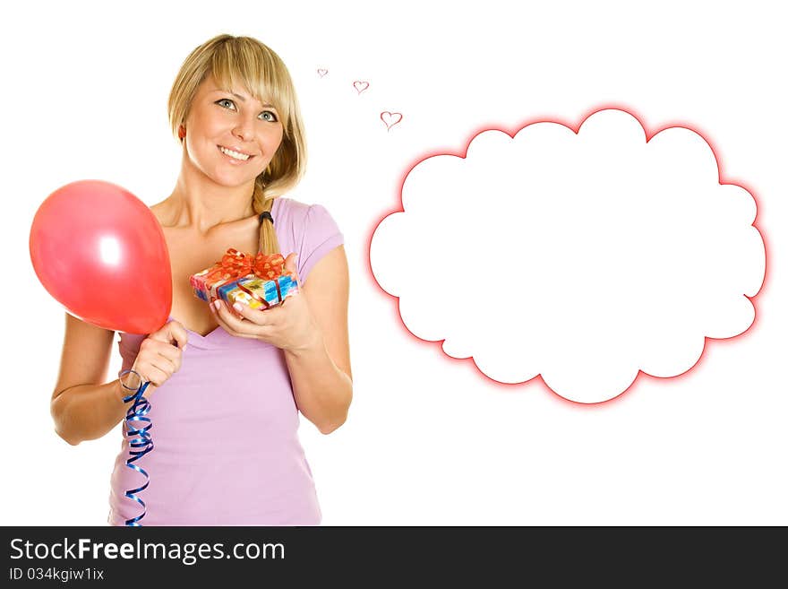 Close-up of an attractive young woman with balloons and gift box. Isolated on a white background. Close-up of an attractive young woman with balloons and gift box. Isolated on a white background