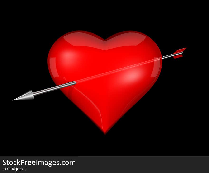 3d Red Heart With A Metal Arrow