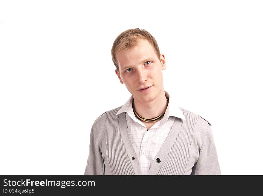 Portrait adult guy in a gray jumper isolate