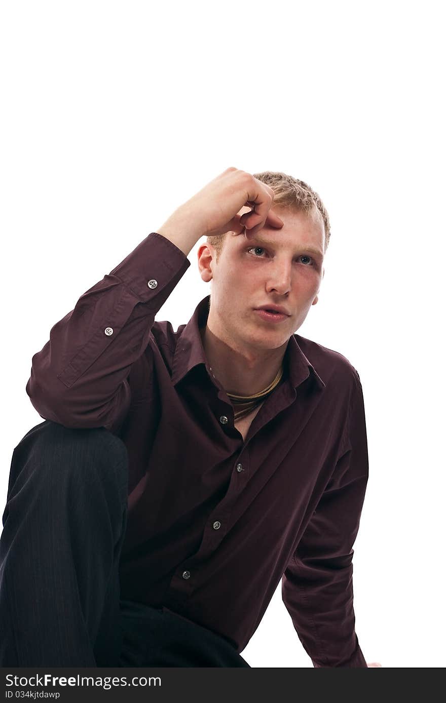 Portrait adult guy sits isolate