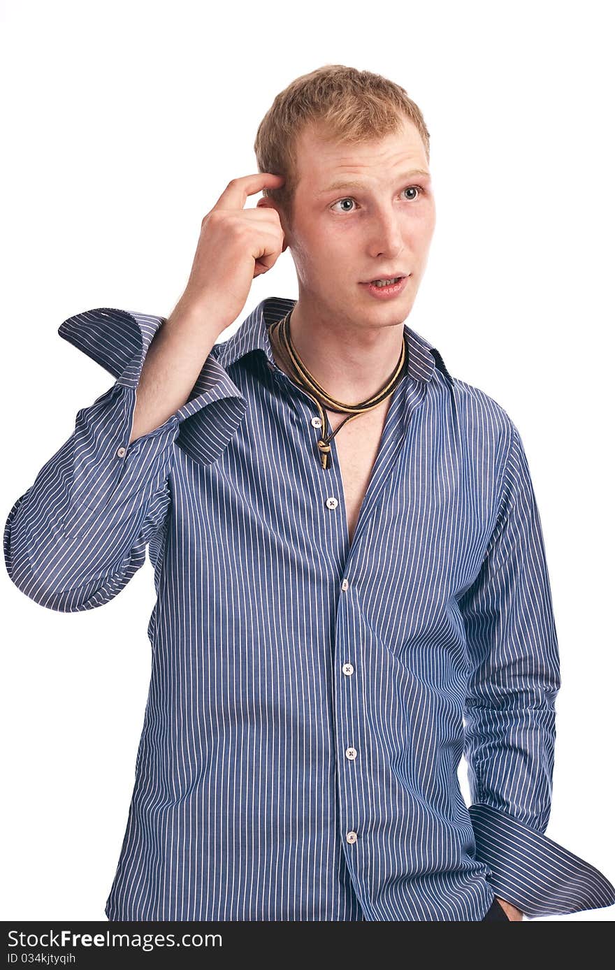 Portrait adult guy in a blue striped shirt isolate