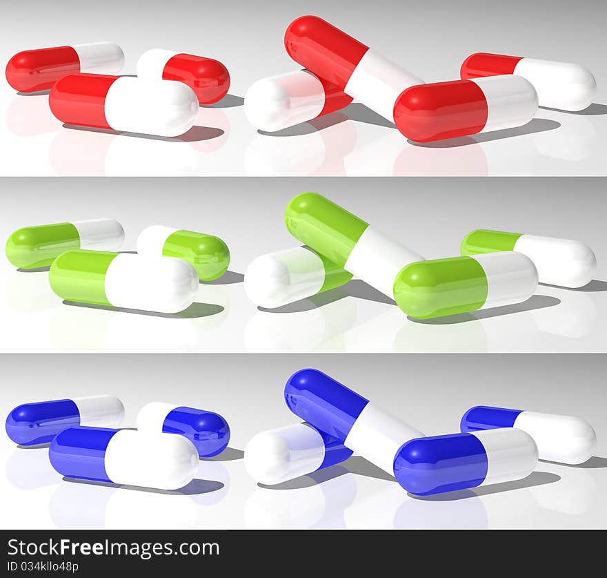 3 sets of different colored medical capsules