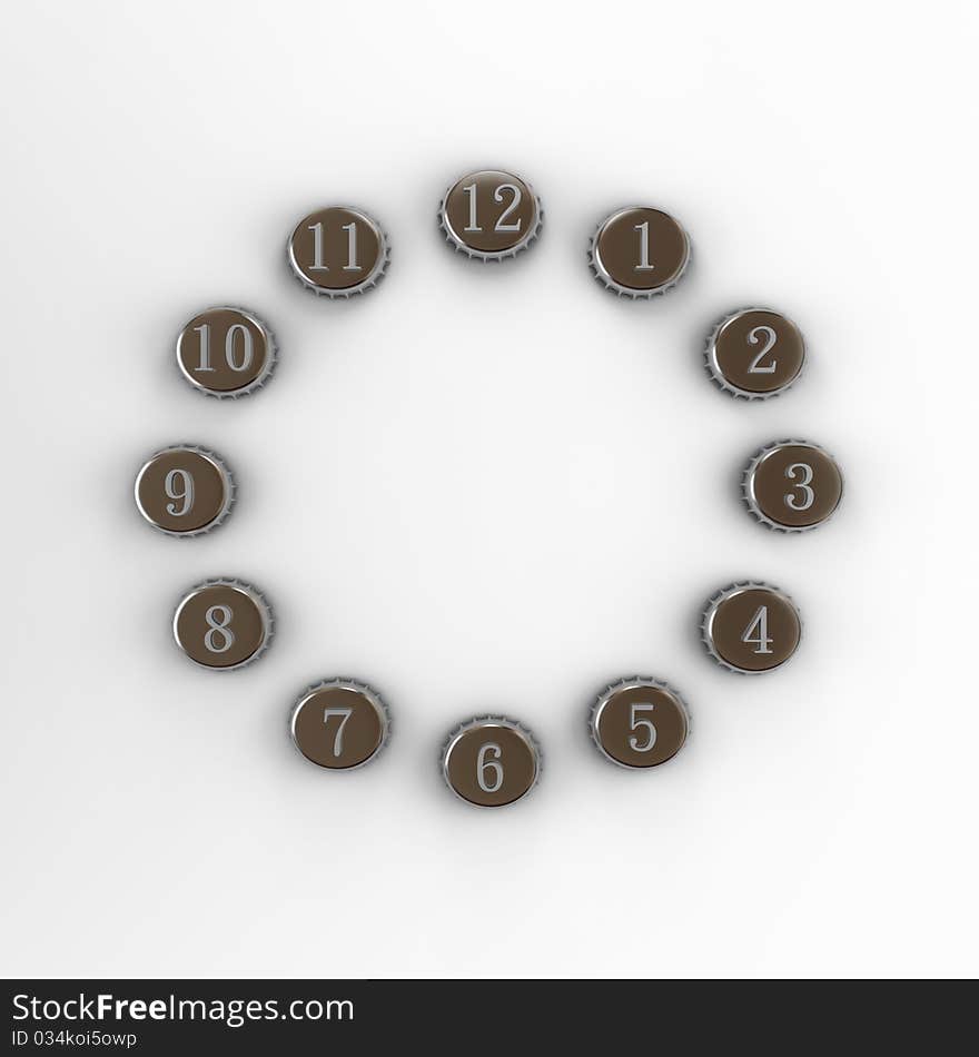 Dial of a clock from bottle covers on a white background