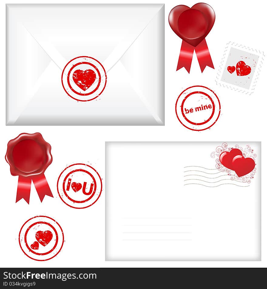 2 Envelope With A Stamp In Form Of Heart, Isolated On White Background, Vector Illustration. 2 Envelope With A Stamp In Form Of Heart, Isolated On White Background, Vector Illustration