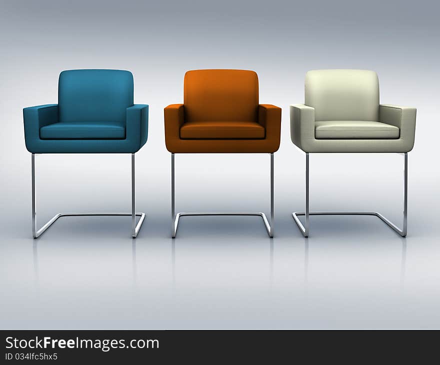 Three modern chair in different colors stand in line