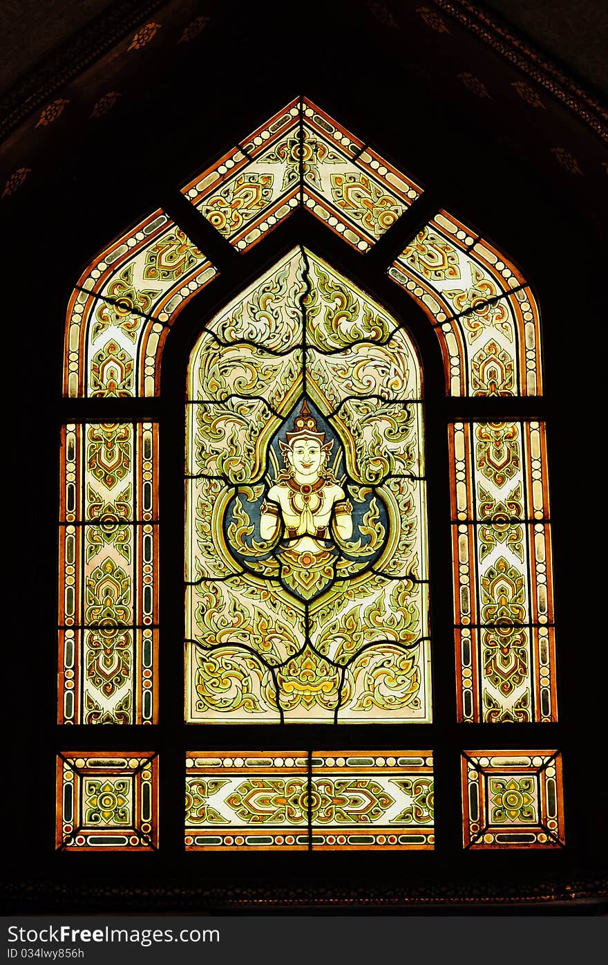 Stained glass window of angel, Wat Benjamobopith, Bangkok Thailand