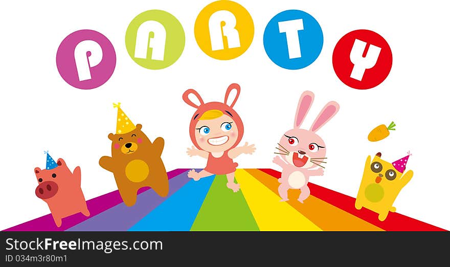 Vector illustration of child and animals party