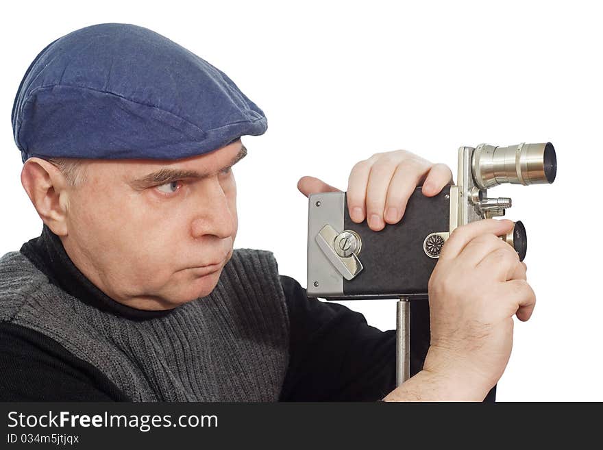 Cameraman spends shooting 16mm camera. white background. Cameraman spends shooting 16mm camera. white background