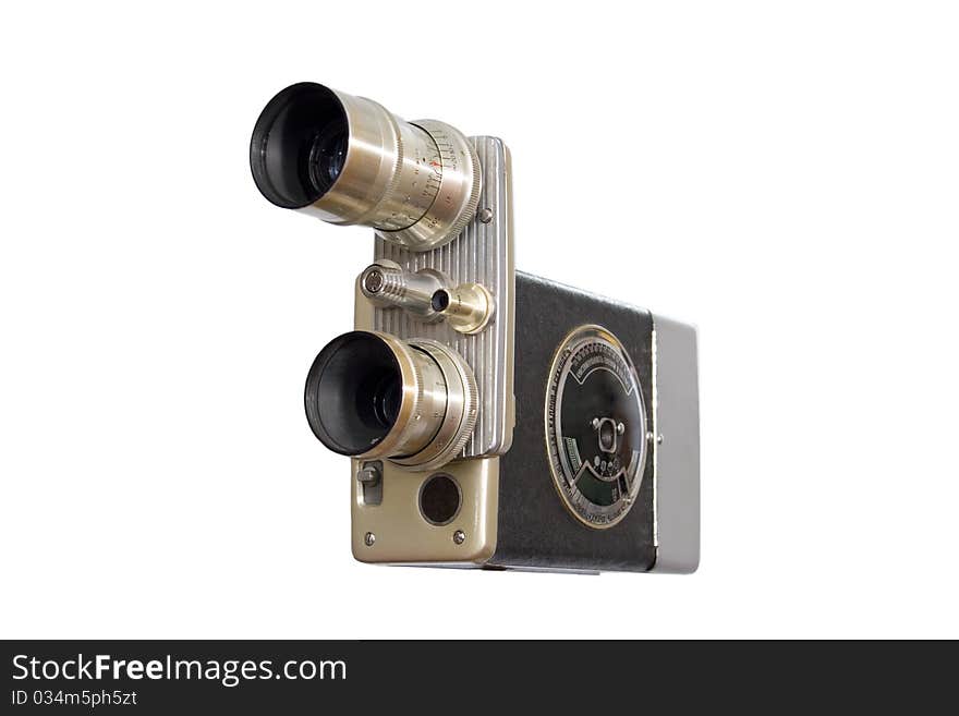 Retro movie camera 8mm 16mm film. studio white background.