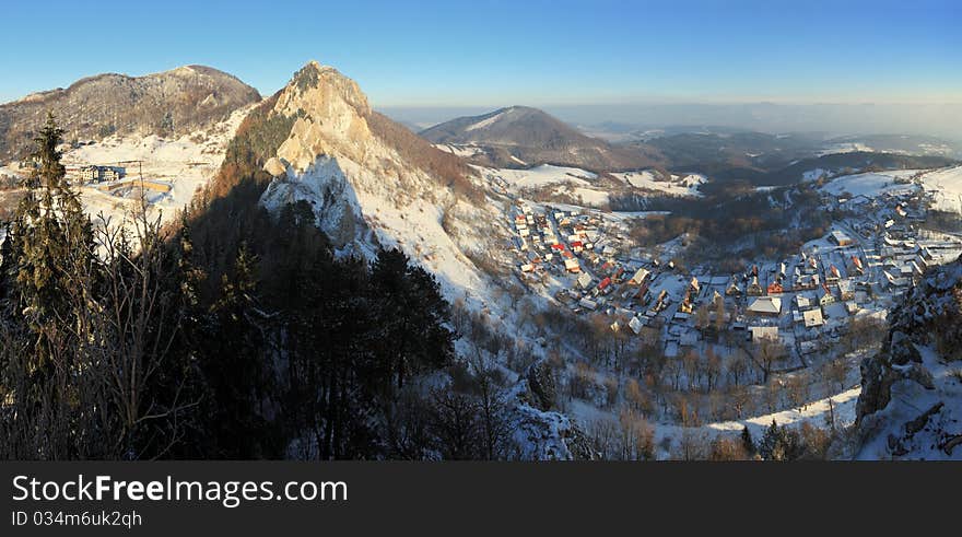 Panoramic view from peak Vrstec in winter