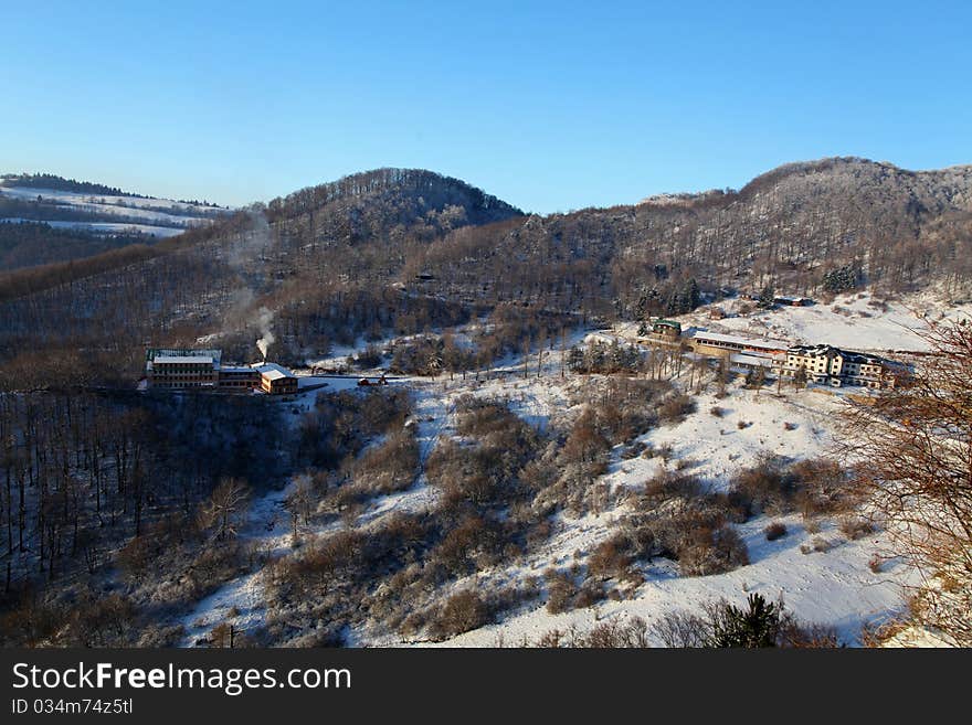 Winter landscape with building