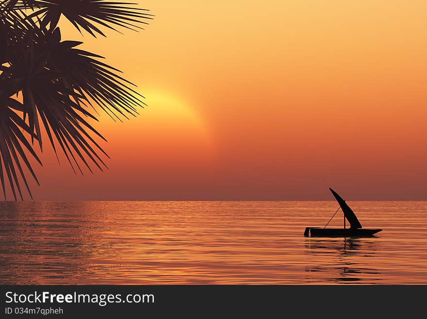 Alone palm at sunset sea