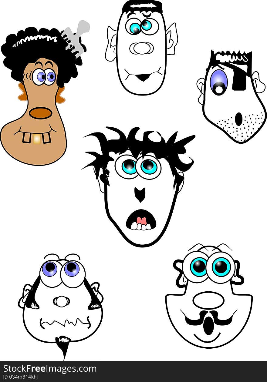 Cartoon faces with blue eyes and various expressions on white. Cartoon faces with blue eyes and various expressions on white