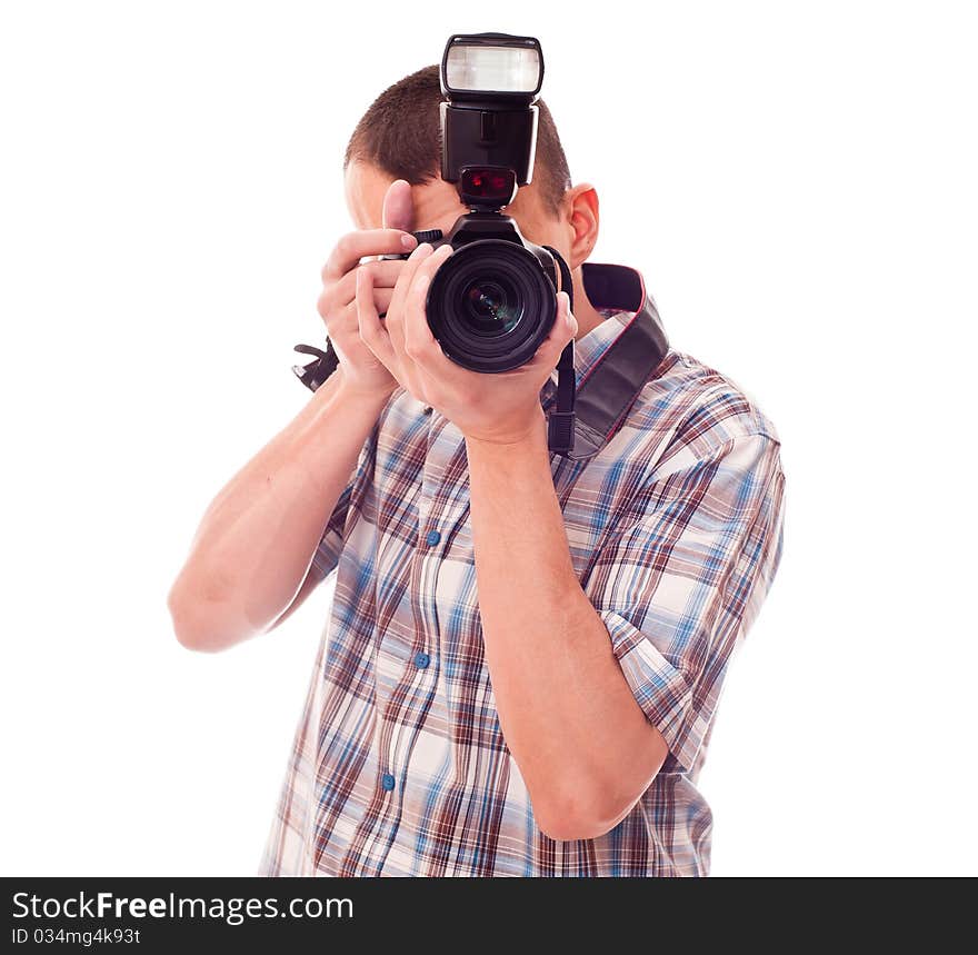 Man holding dslr photocamera in hands. Man holding dslr photocamera in hands