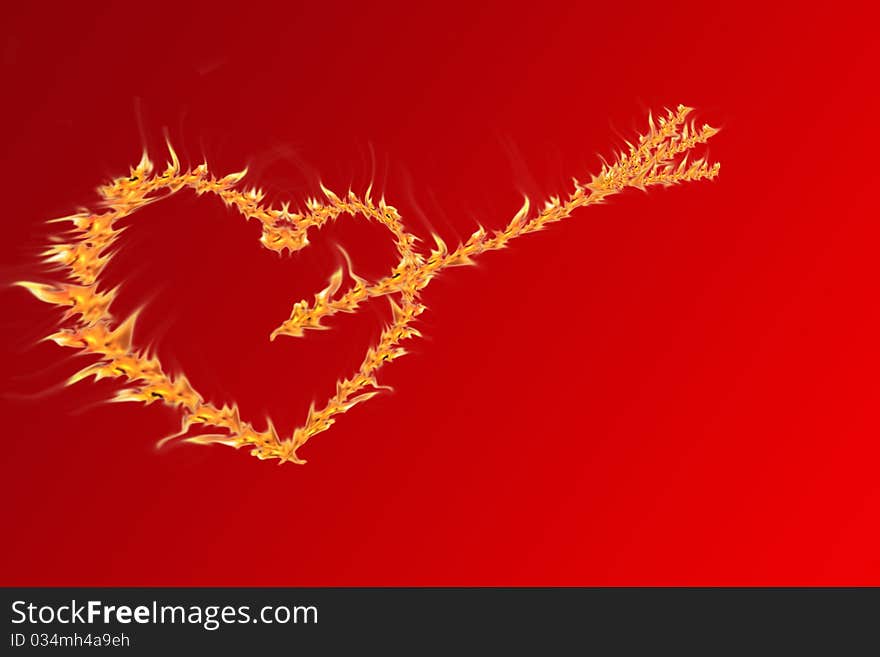 Fiery congratulatory heart on a red background