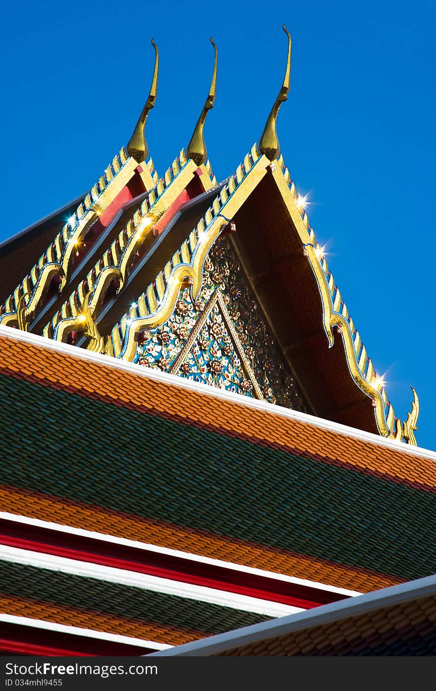 Detail of ornately decorated temple roof in bangkok, thailand