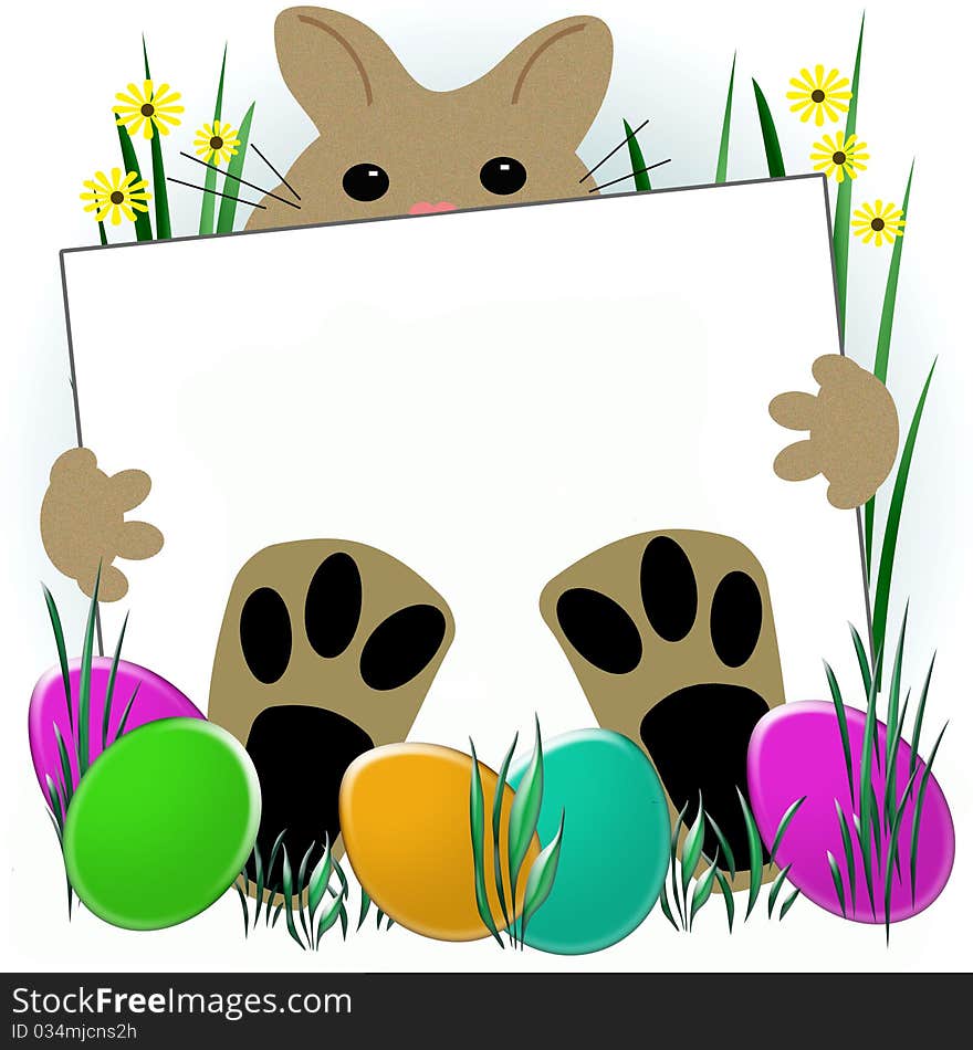 Easter bunny with big feet holding sign illustration. Easter bunny with big feet holding sign illustration