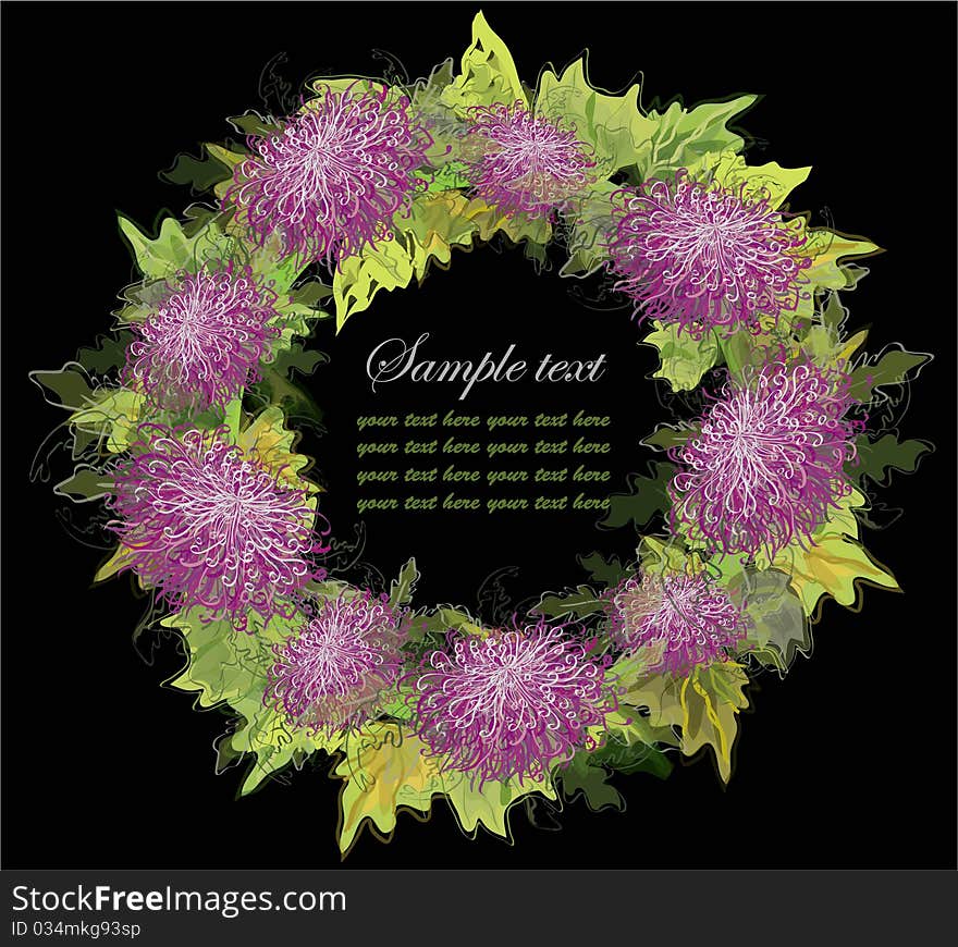 Beautiful decorative wreath with chrysanthemums.Beautiful greeting card with the image of a chrysanthemum.Illustration. Beautiful decorative wreath with chrysanthemums.Beautiful greeting card with the image of a chrysanthemum.Illustration.