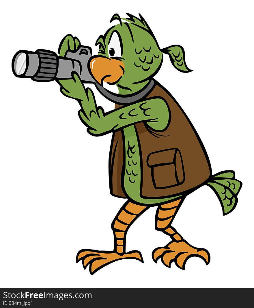 Cartoon illustration of a photographer parrot