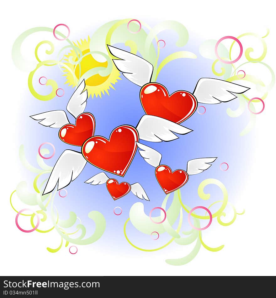 Composition with flying hearts with wings against blue sky