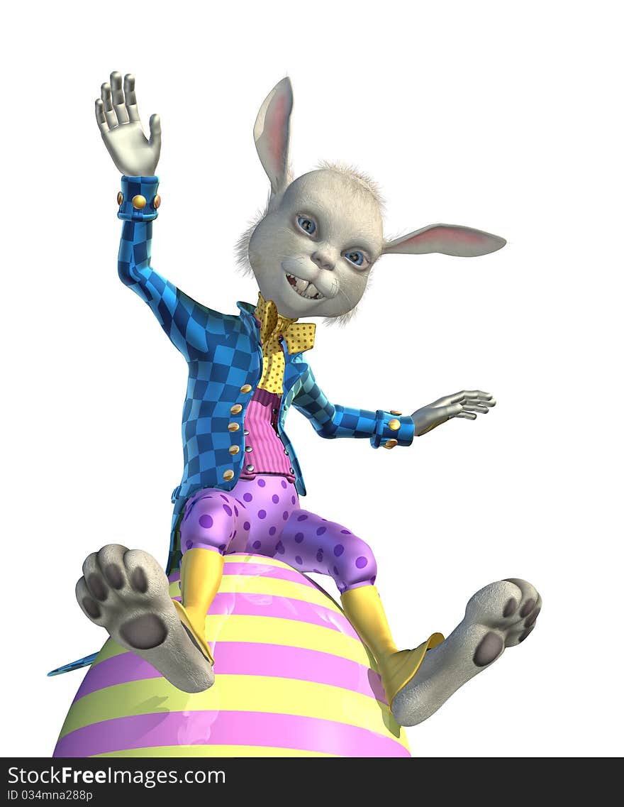 The Easter Bunny is having fun balancing on big Easter egg - 3D render. The Easter Bunny is having fun balancing on big Easter egg - 3D render.