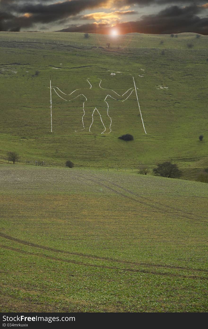 The famous hill figure carved in chalk on the slopes of Windover Hill in Sussex. The famous hill figure carved in chalk on the slopes of Windover Hill in Sussex