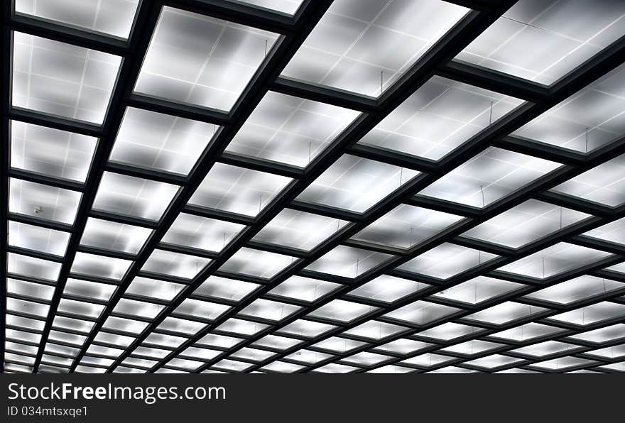 Big ceiling with black squares in big hall. Big ceiling with black squares in big hall