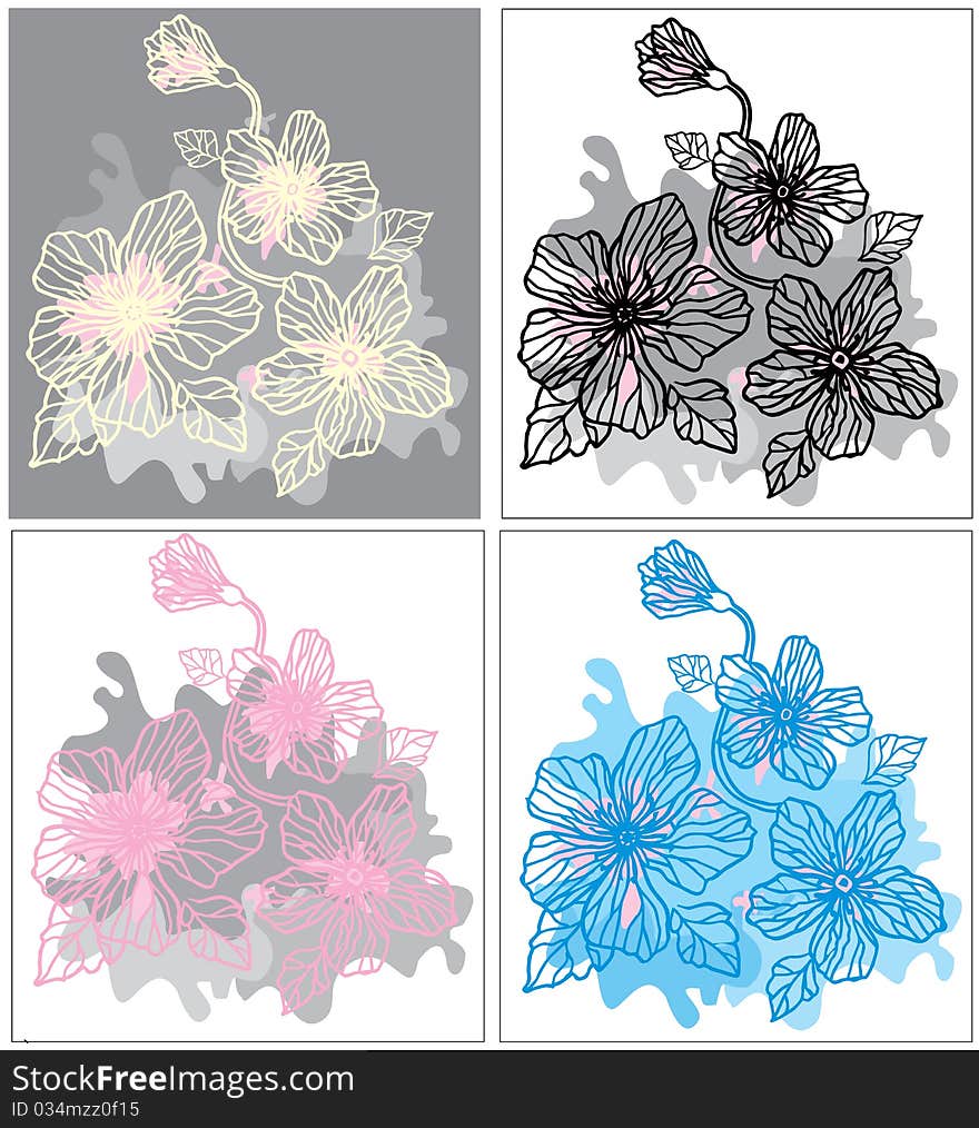 Set of linear colored flowers