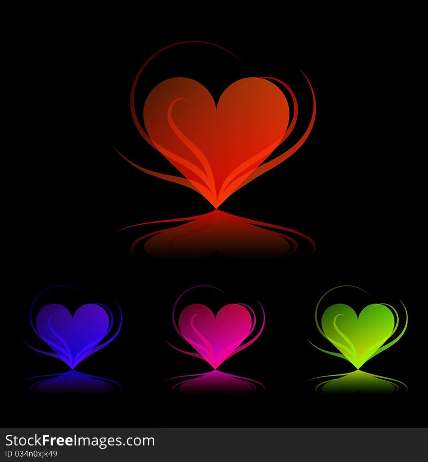 Four colored hearts on black background. Four colored hearts on black background