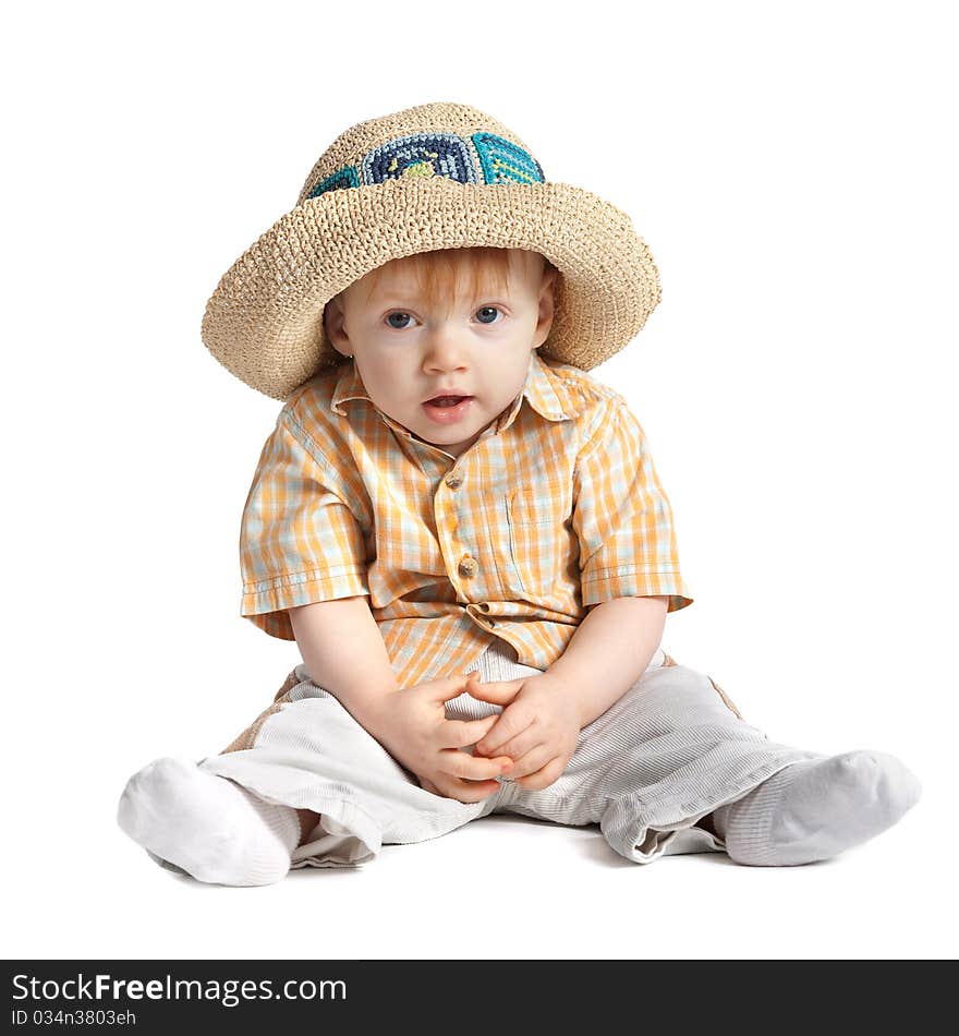 Funny boy in hat isolated on white