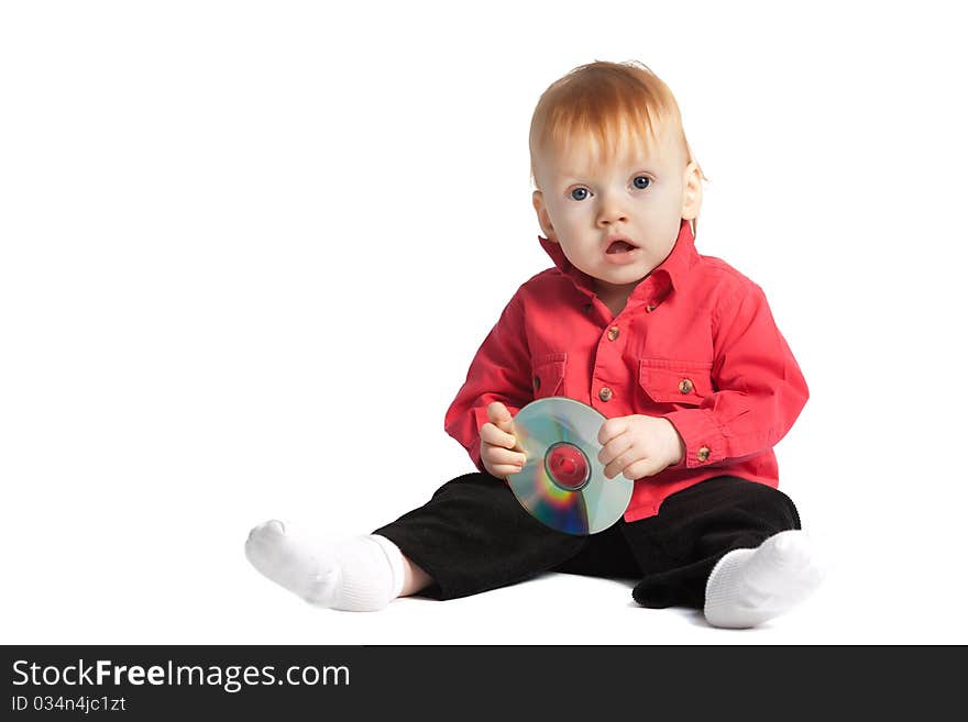 Baby holds cd isolated on white background