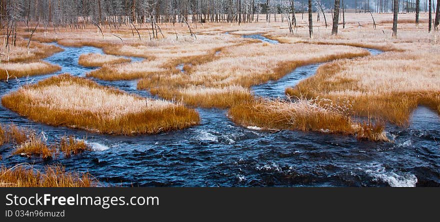 Dark Blue Stream and Frost Covered Grass