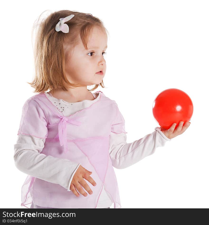 Little girl giving red ball isolated