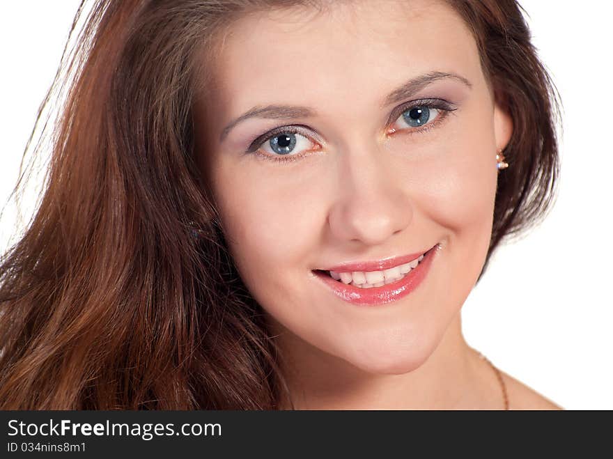 Close-up of a beautiful young woman on white background. Close-up of a beautiful young woman on white background