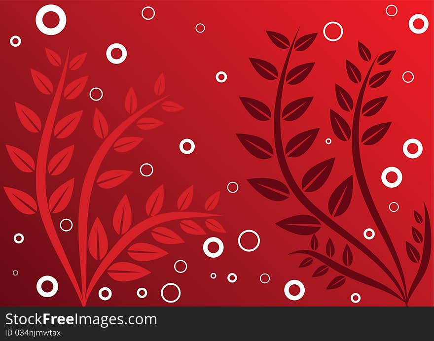 Red background with leaves and rings. Red background with leaves and rings