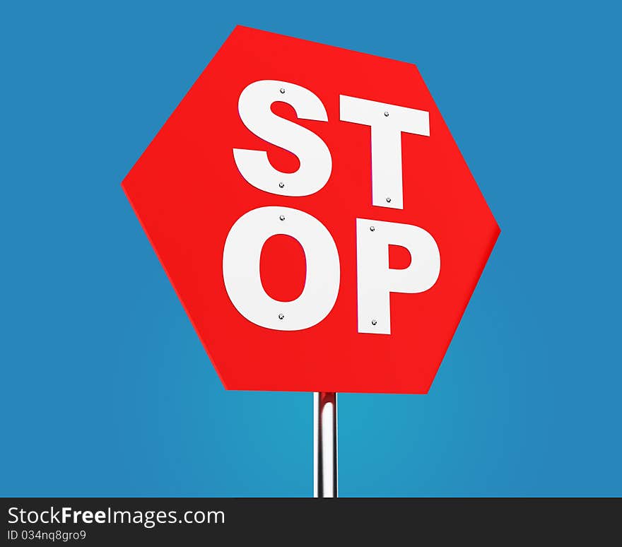 Bright red STOP traffic sign isolated over blue gradient sky. Bright red STOP traffic sign isolated over blue gradient sky