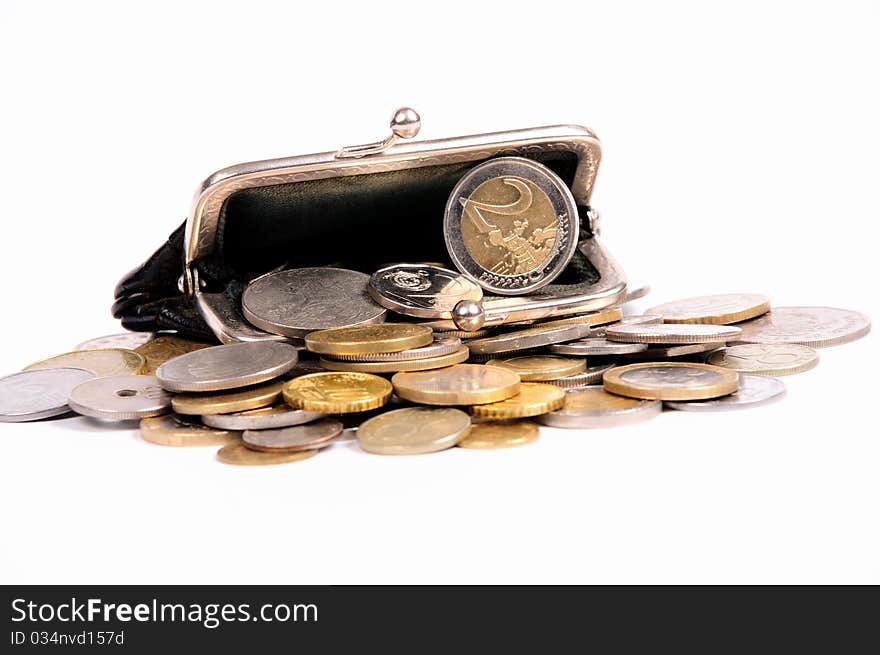 Purse with coins on white isolated background