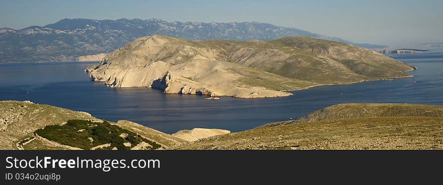 Panorama view of island Prvic in Adriatic Sea, from peak BAG, Island KRK, Croatia