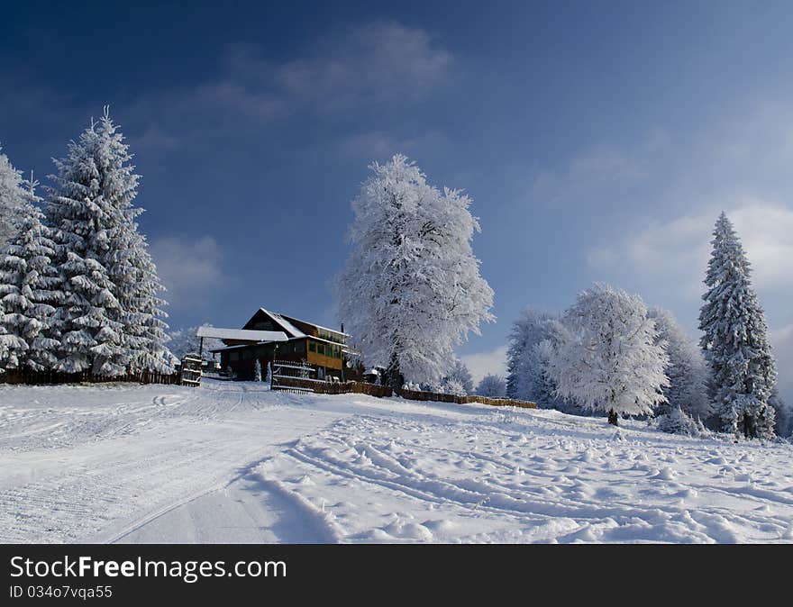 Beautiful winter landscape with chalet in Alps