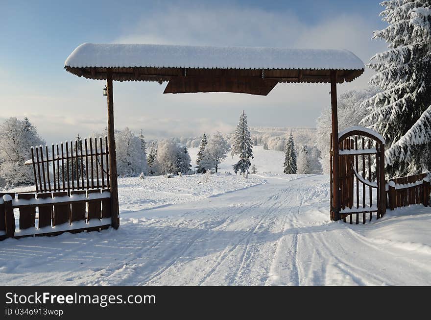 Beautiful nature park entrance in winter