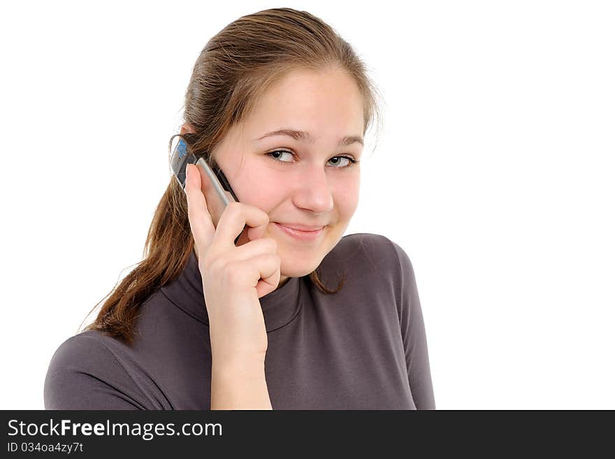 Girl using a mobile phone  On a white background