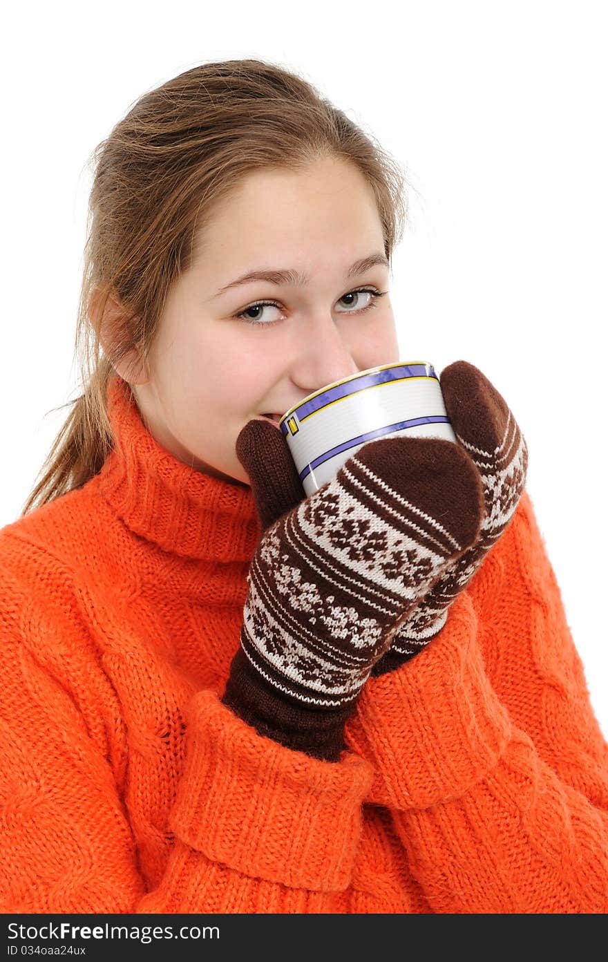 Young woman in winter  with cup of hot chocolate or coffee or tea. Young woman in winter  with cup of hot chocolate or coffee or tea