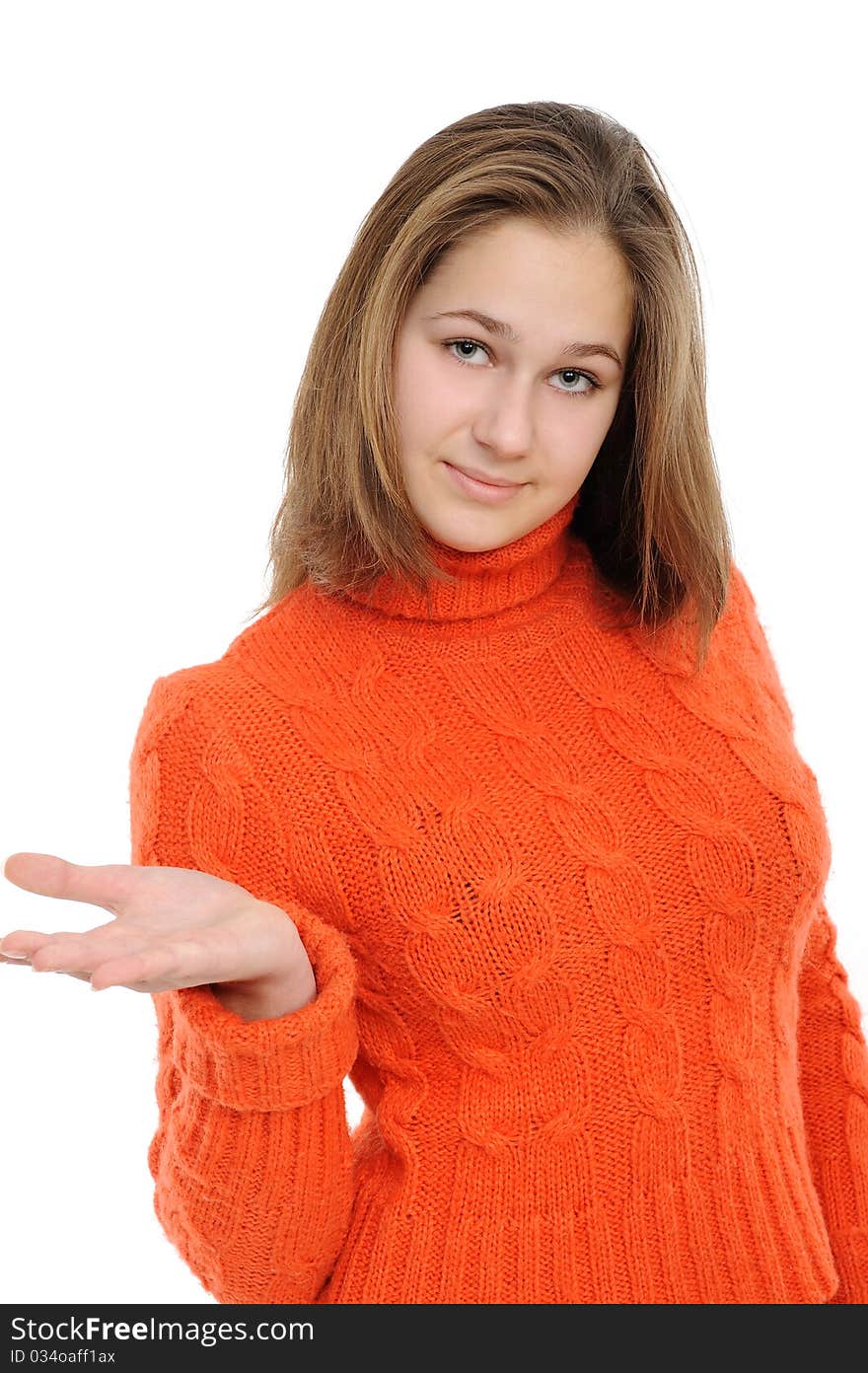 Young Woman Holding Hand Presenting A Product.