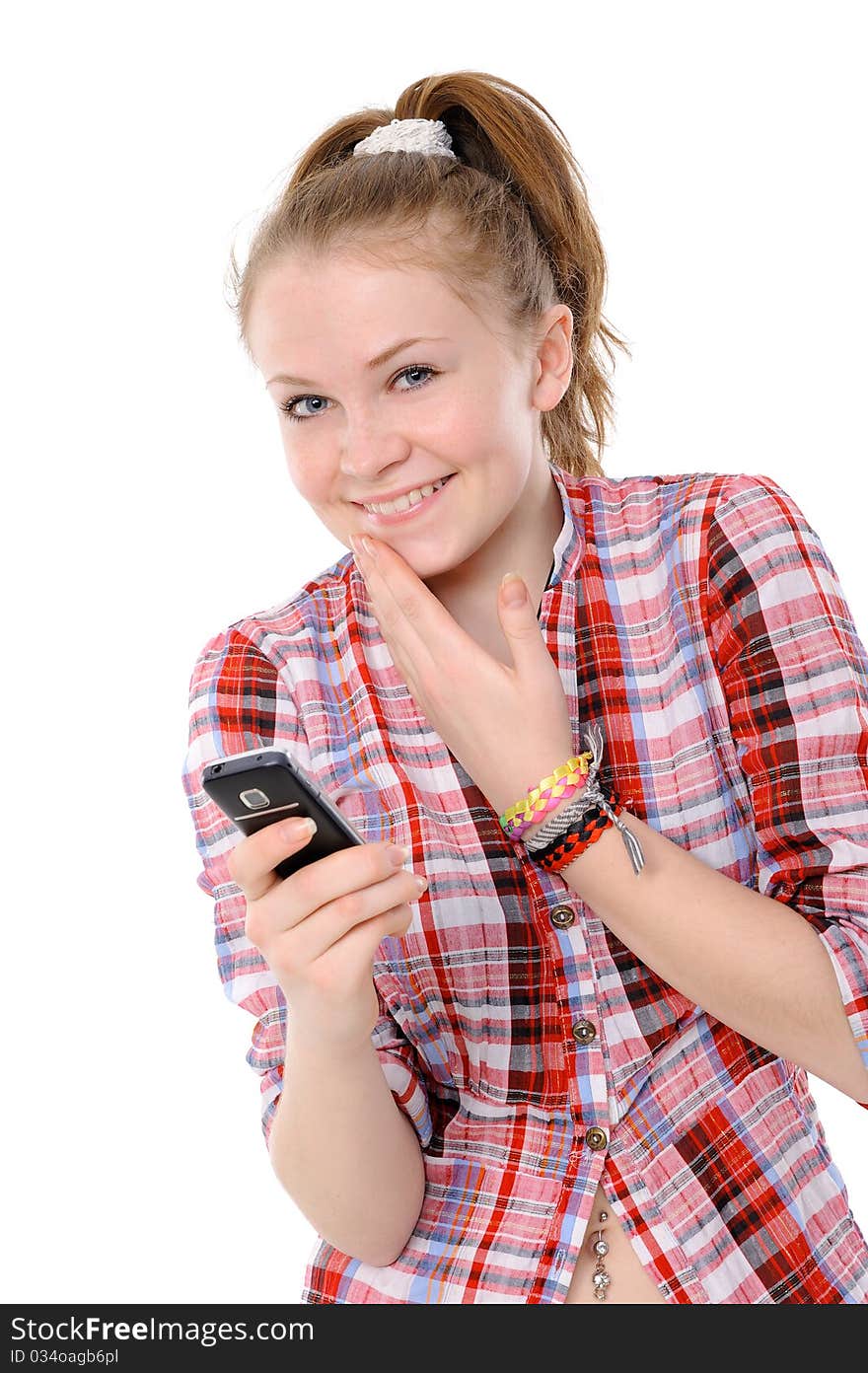 Girl using a mobile phone  On a white background