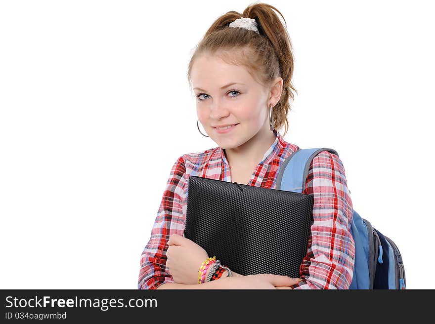 Young woman with a folder and a backpack