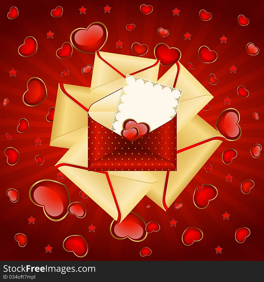 Celebratory envelopes with red hearts